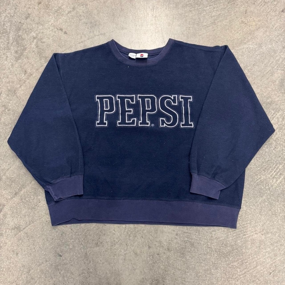 90s Pepsi Spellout Crewneck Fleece Cotton Polyester Sweatshirt Blue Boxy Large